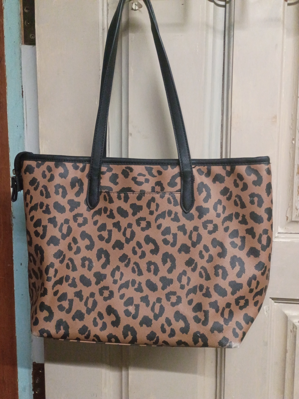 Leopard Print Tote Bag with Black Trim and Handles